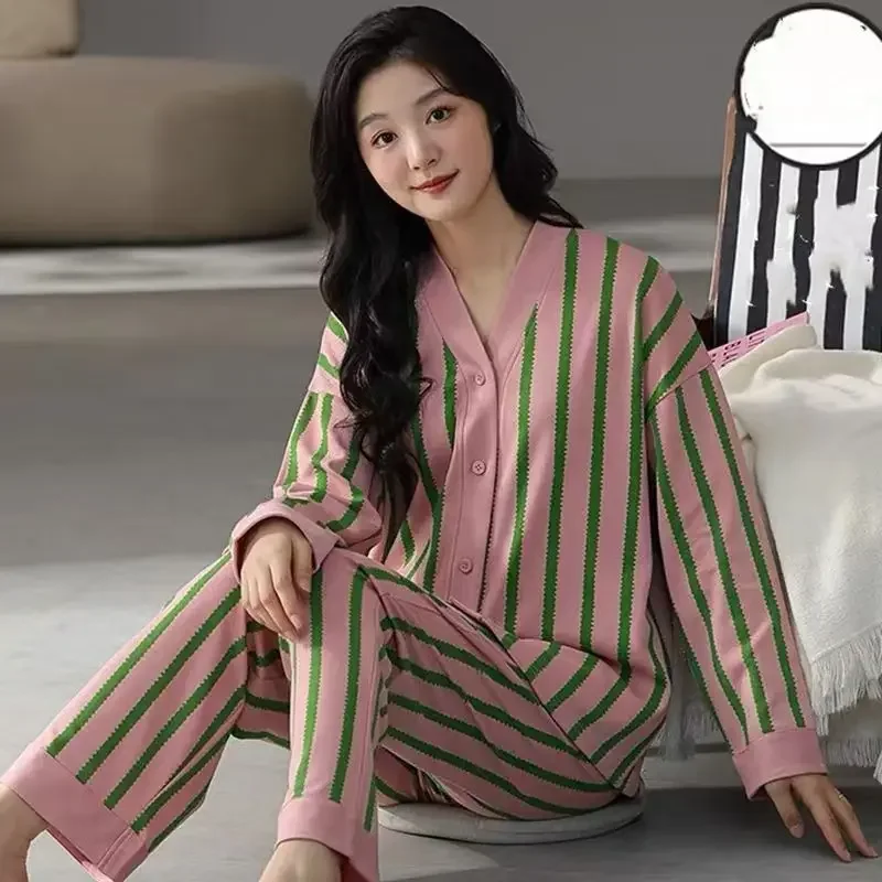 Pure Cotton Pajamas Women's Spring Autumn Long-sleeved Cute V-neck Korean Version Loose Suit Loungewear Can Be Worn Outside