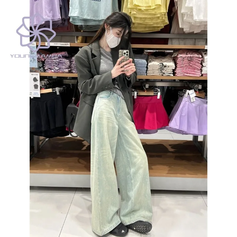 

Oversized Retro Washed Straight Leg Jeans for Women Spring Summer High Waisted Loose Wide Leg Denim Pants Large Size Trousers