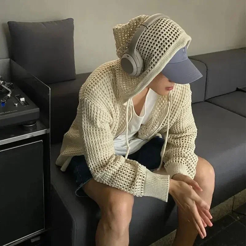

HOUZHOU Vintage Knit Mesh Coat for Men Hole Hooded Cardigan Long Sleeve Tee Male Casual Autumn Japanese Streetwear Hip Hop