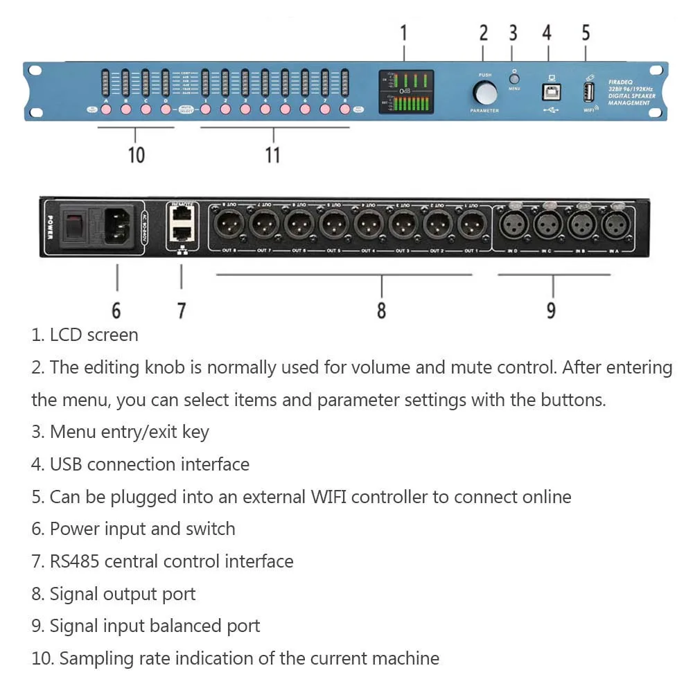 DP48X processore Audio digitale professionale 4Input 8Output Drive Rack Procesador con sistema di gestione altoparlanti RIR DEQ 192KHZ