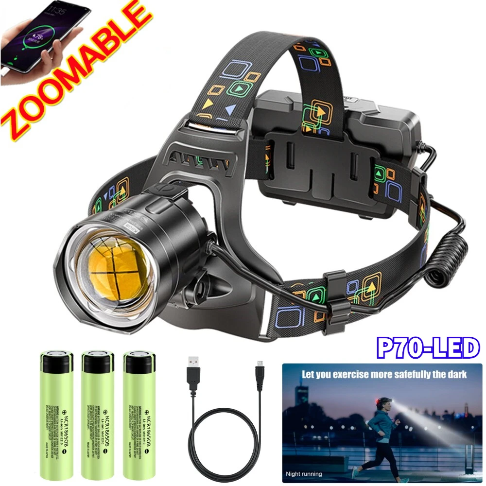 고출력 USB 충전식 LED 헤드램프, 줌 헤드라이트, 방수 야외 사냥 손전등, 캠핑 토치, XHP70