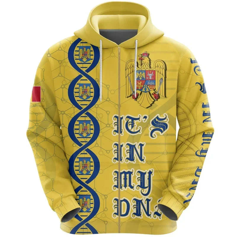 thumbnail image 1 of Sudadera con cremallera y estampado 3D de la bandera de Rumania para hombre, sudaderas con capucha y emblema rumano, sudaderas holgadas de manga larga a la moda para la calle, 1 of 5