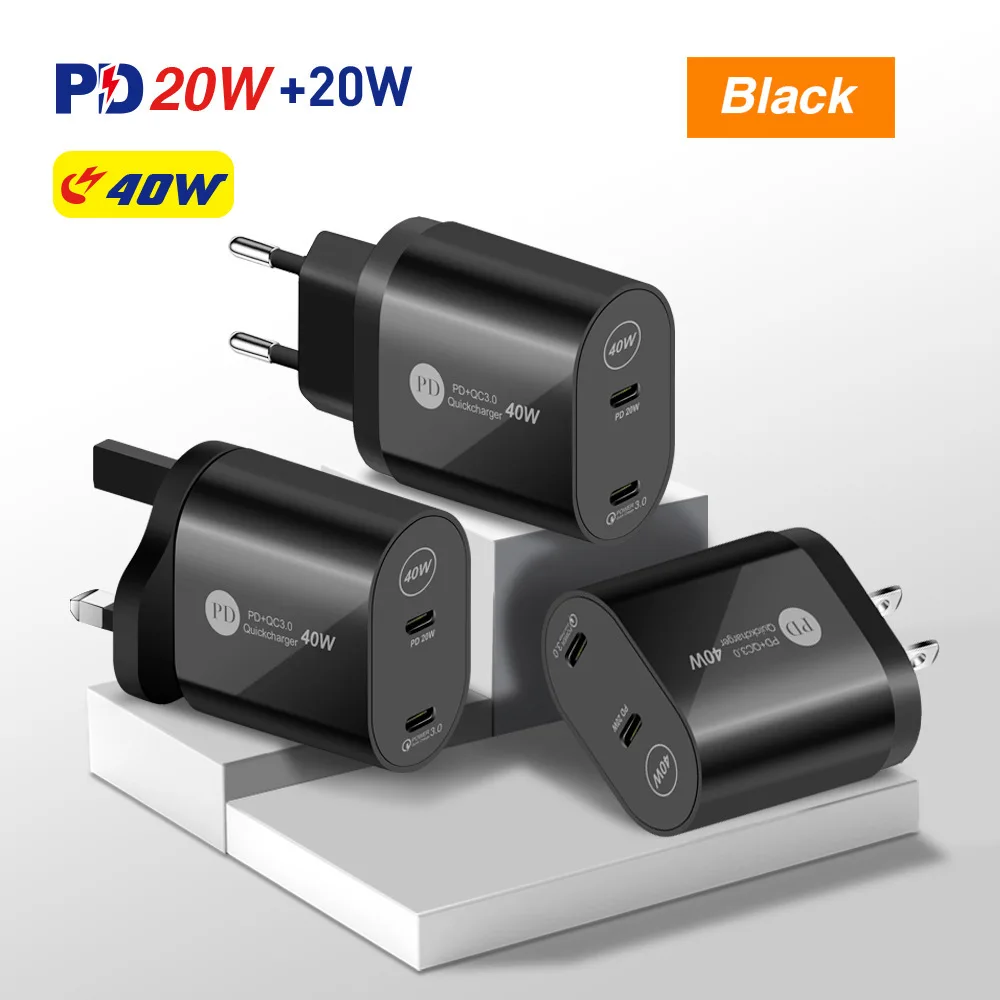 

PD40W Fast Charging Mobile Phone Charger Type-c PD Dual Port Multi-function Adapter UK US EU Charging Head