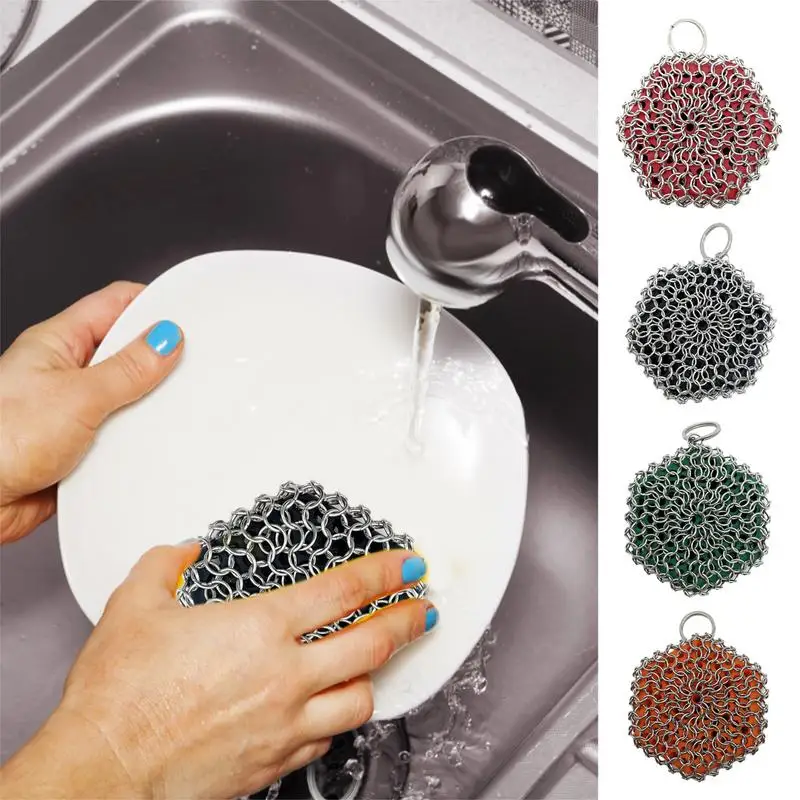 Kitchen Cast Iron Cleaner Stainless Steel Chainmail Scrubber Pot Scrubbing Net For Cleaning Frying Pan Gril Scraper Rust Remover