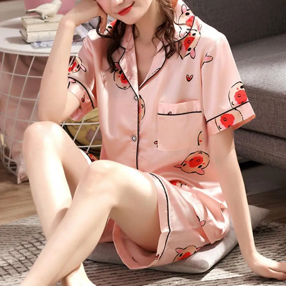 

Women Pajamas Set Lapel Short Sleeve Loungewear Set Elastic Waistband Drawstring Ice Silk Shirt Shorts Homewear Sleeping Costume