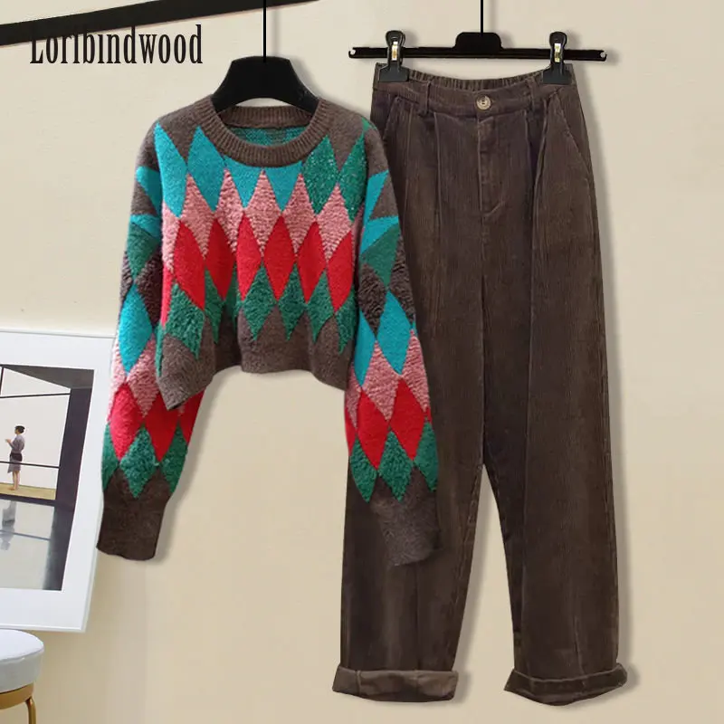 

Loribindwood A New Winter 2022 Crew-neck Plaid Knit Jumper and Stretchy Wide-leg Trousers Are A Stylish Retro Two-piece