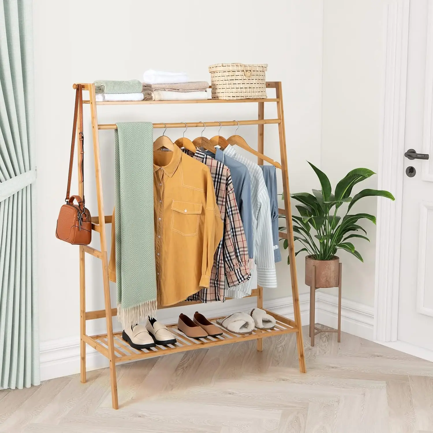 Bamboo Garment Rack, Heavy Duty Clothes Rack w/Top Shelf, Hanging Rod, Shoe Storage Shelf, Side Hooks, Freestanding Coat Rack