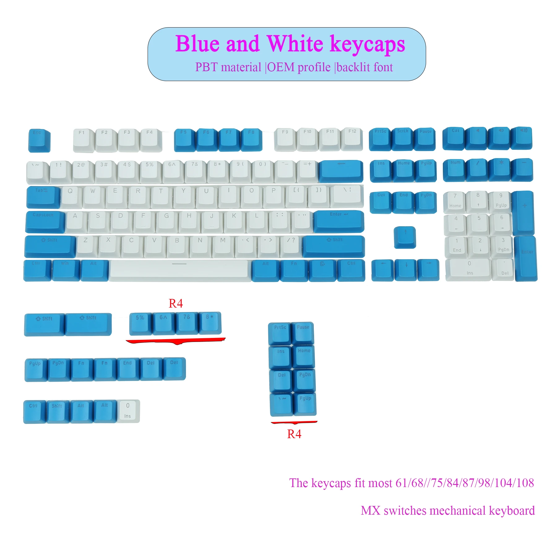 

PBT Backlit Keycaps Double shot Blue White OEM Profile Keyset Mechanical MX Keycaps for 61 87 104 108 Mechanical Keyboard