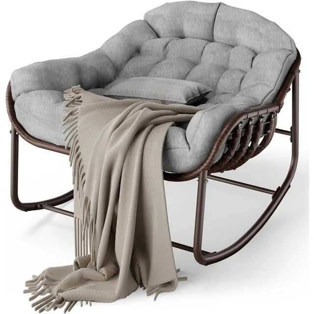 Oversized Rocking Chair,Wicker Rattan Relax Chair with Water-Resistant Cushion Sturdy Metal Frame for Sensory Comfort