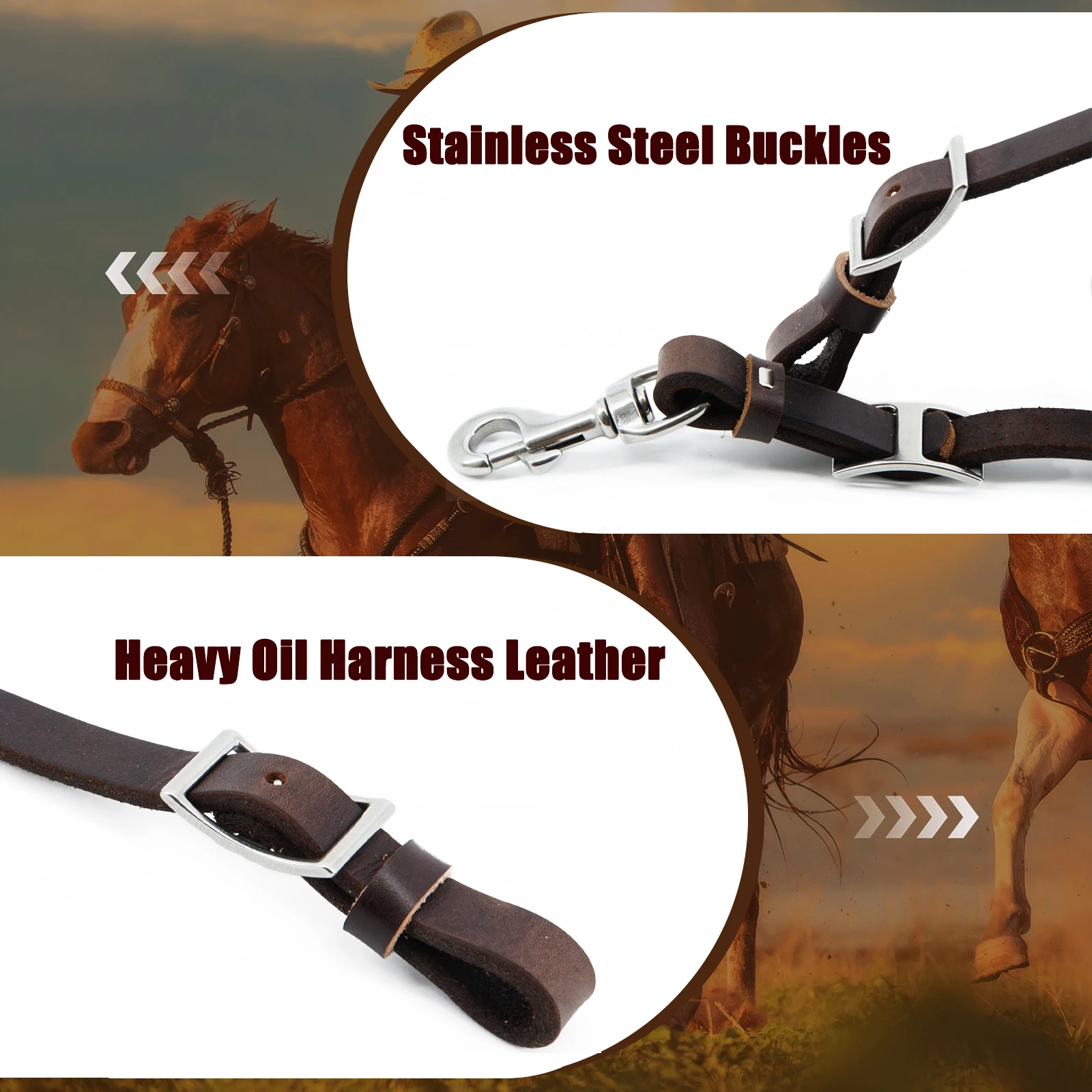 Equestrian Oiled Heavy Harness Roper Rein -Made with Harness Leather, Stainless Steel Hardware 5/8" x 7'