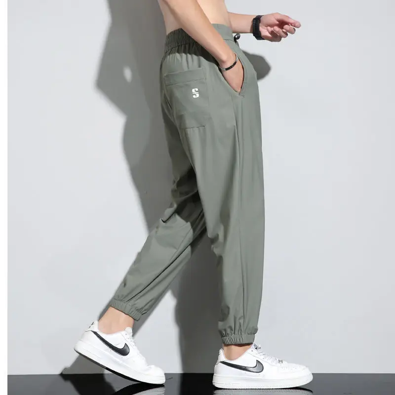 Men's Ultra-thin Ice Silk Pants Trendy Brand Loose Trousers Sports Quick Drying 2023 Summer Thin Elastic Cropped Casual Pants