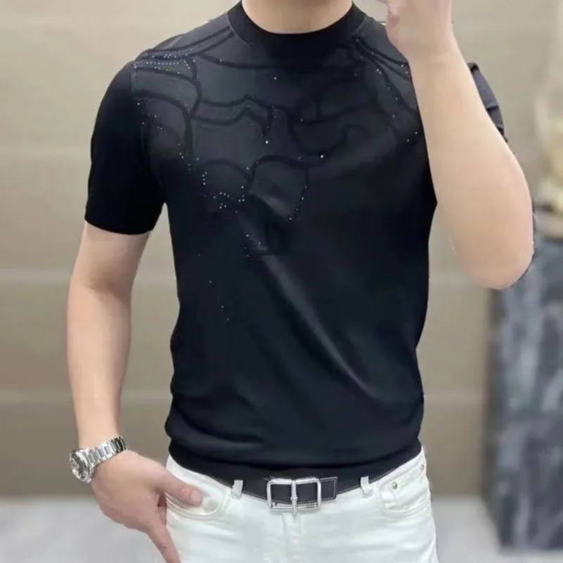 

Business Casual Summer 2024 Luxury Short Sleeve Diamonds Round Neck T-shirt Men Fashion Slim Handsome Ice Shreds Knitting Tops