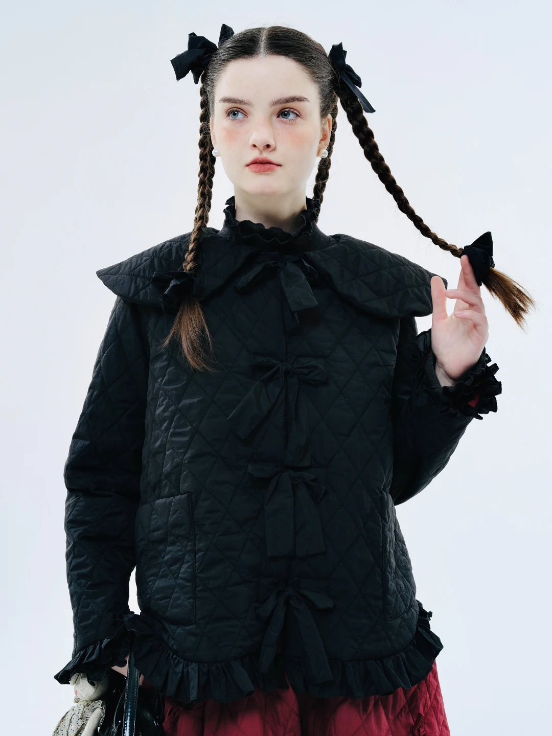 IMAKOKONI original design lapel cardigan bow long-sleeved cotton black warm jacket top women 234395