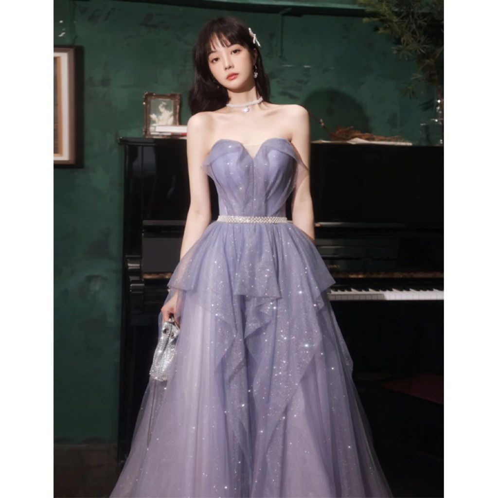 

Purple Elegant Cocktail Dress Boat Neck A Line Tiered Off Shoulder Glitter Long Banquet Ruffle Formal Evening Gowns Party Female