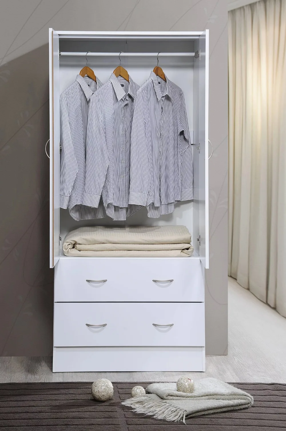 

Hodedah Two Door Wardrobe with Two Drawers and Hanging Rod, White