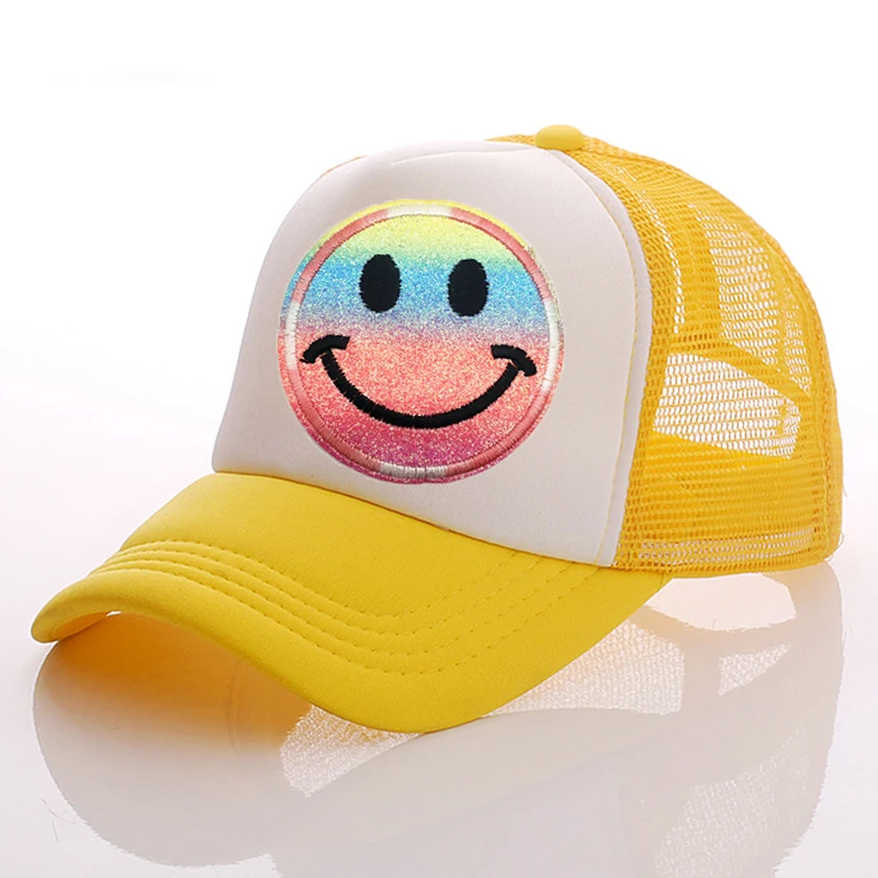 23 Colors Glitter Smiley Embroidered Cloth Sticker Mesh Hat Trucker Hat Summer Ladies Sunshade Beach Hat Summer Pool Party Hat men's skullies & beanies Skullies & Beanies