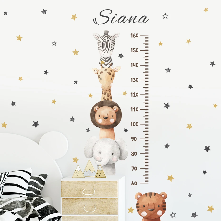Boho Cartoon Elephant Giraffe Stars Height Measurement Wall Sticker