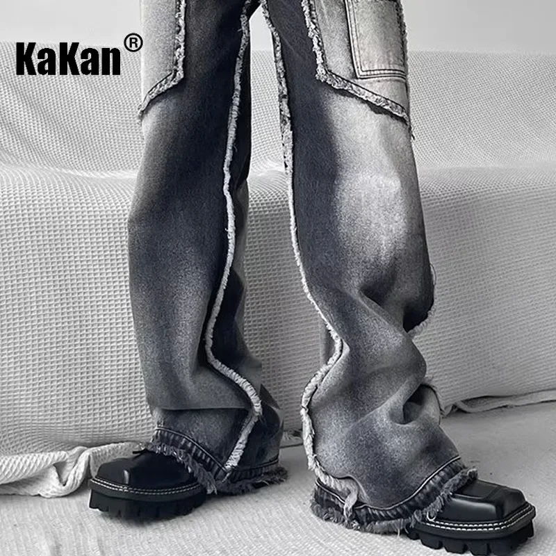 Kakan - European and American New Niche Design Denim Jeans for Men, Loose Straight Leg with Ruffled Edges K27-b3490