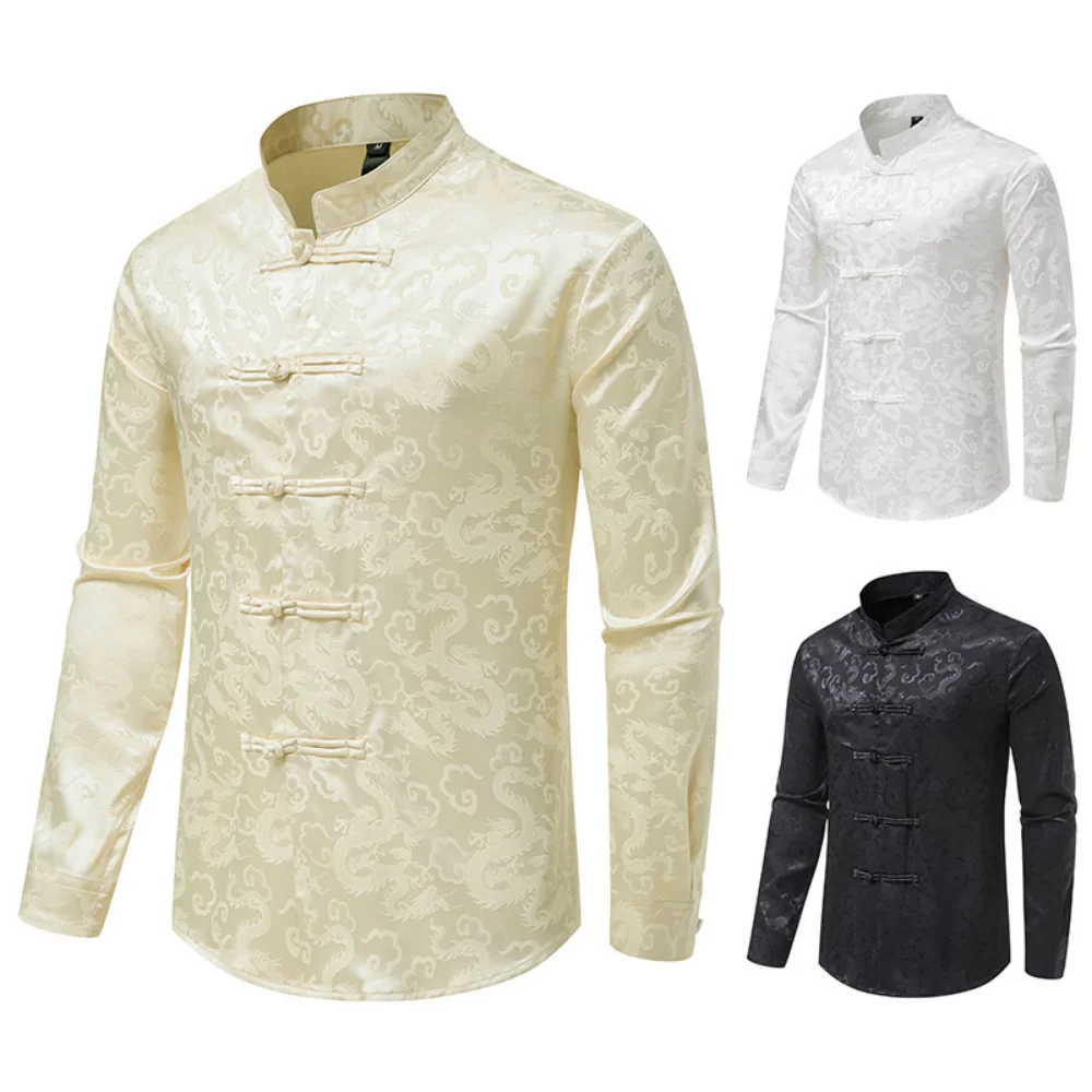 

2023 New Chinese Style Mens Tops Tang Suit Fashion Solid Traditional Long sleeve China Style Shirt