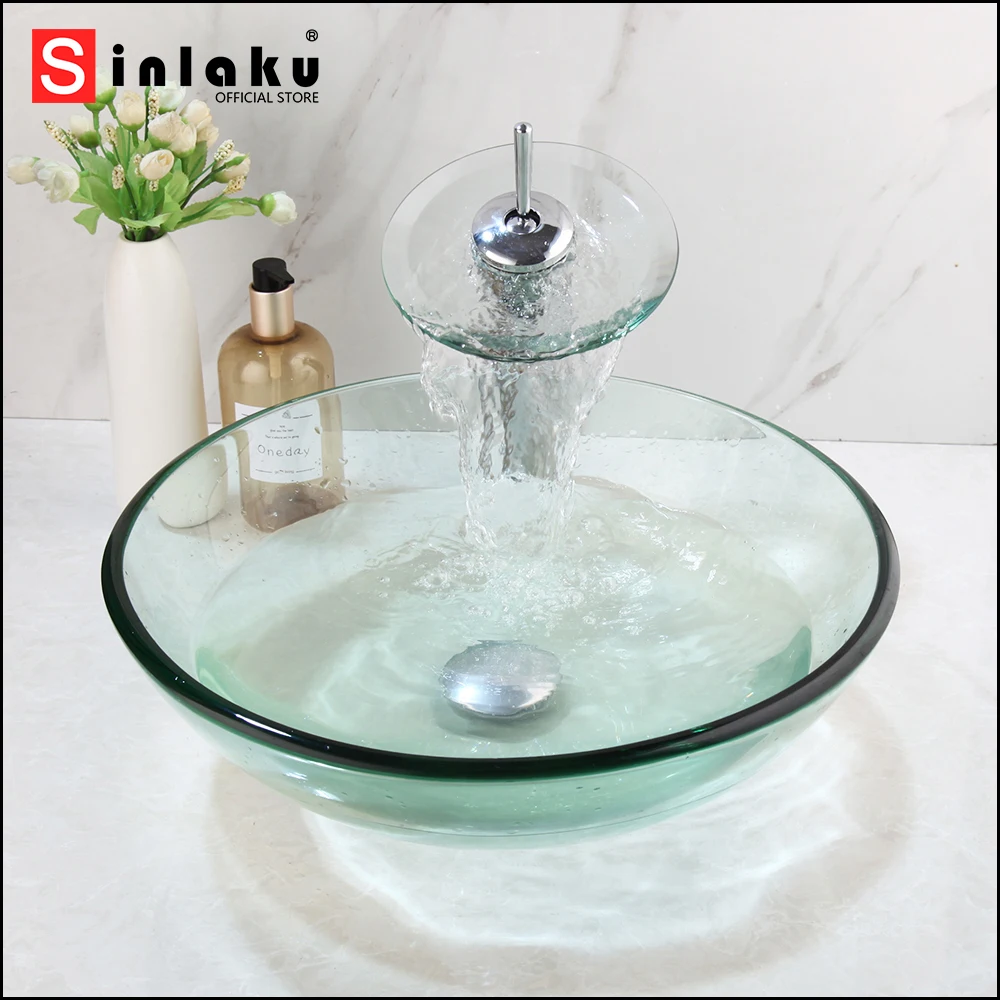 

Круглая раковина из закаленного стекла для ванной комнаты SINLAKU, смеситель с одной ручкой, кран «Водопад»