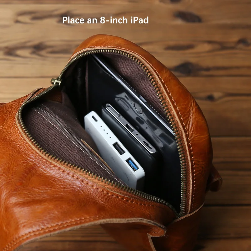 NZPJ Retro Genuine Leather Men's Chest Top Layer Cowhide Crossbody Bag Casual Shoulder Bag Suitable for 8-Inch IPad