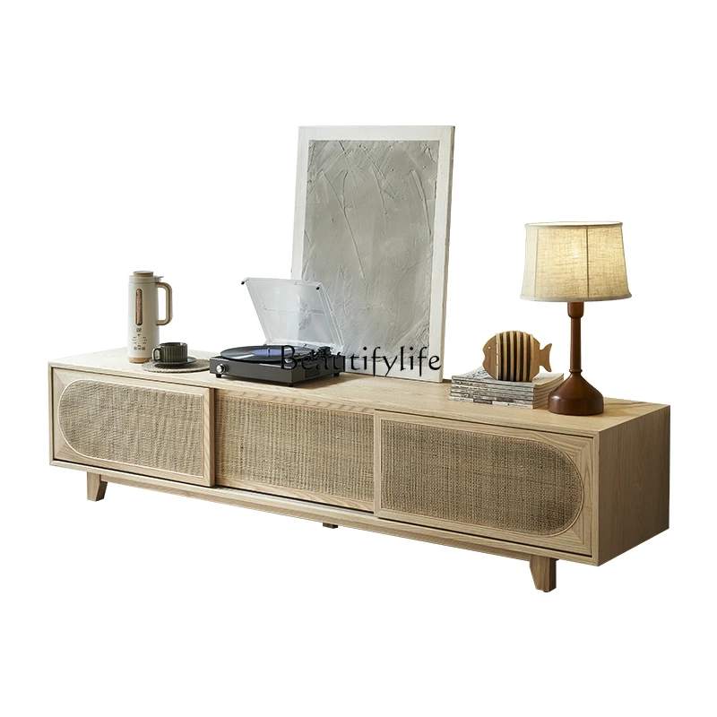 

Japanese-Style Simple Rattan Solid Wood TV Cabinet Home Floor Creative Storage Cabinet