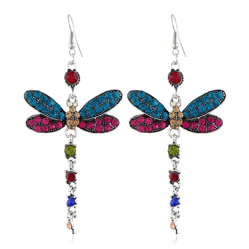 Retro Earring Creative Fashion Inlaid Multicolor Zircon Dragonfly Shape Earrings animal earrings,butterfly earrings
