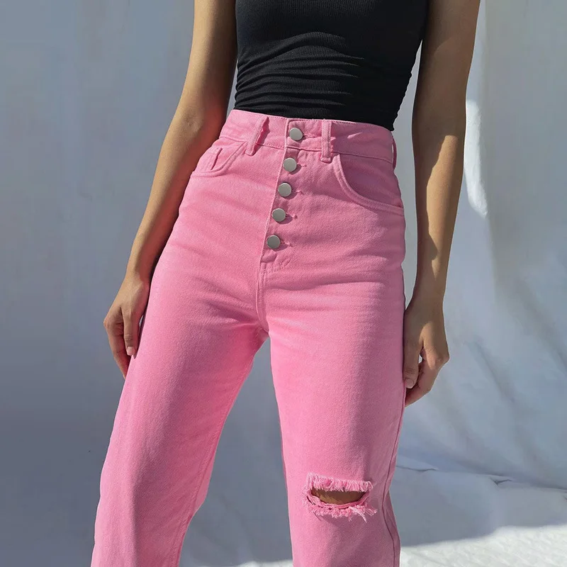 women ripped jeans spring summer thin loose casual all match streetwear wide leg high waist straight leg denim trousers Pink Chic Ripped Jeans Summer Women High Waist Multi-Button Wide Leg Pants Solid Colors Casual Commute Trousers Black Streetwear