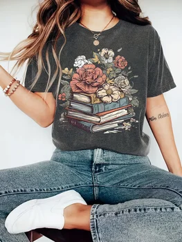Floral Books Women's Tee - Boho Graphic, Casual Dark Gray Top 1