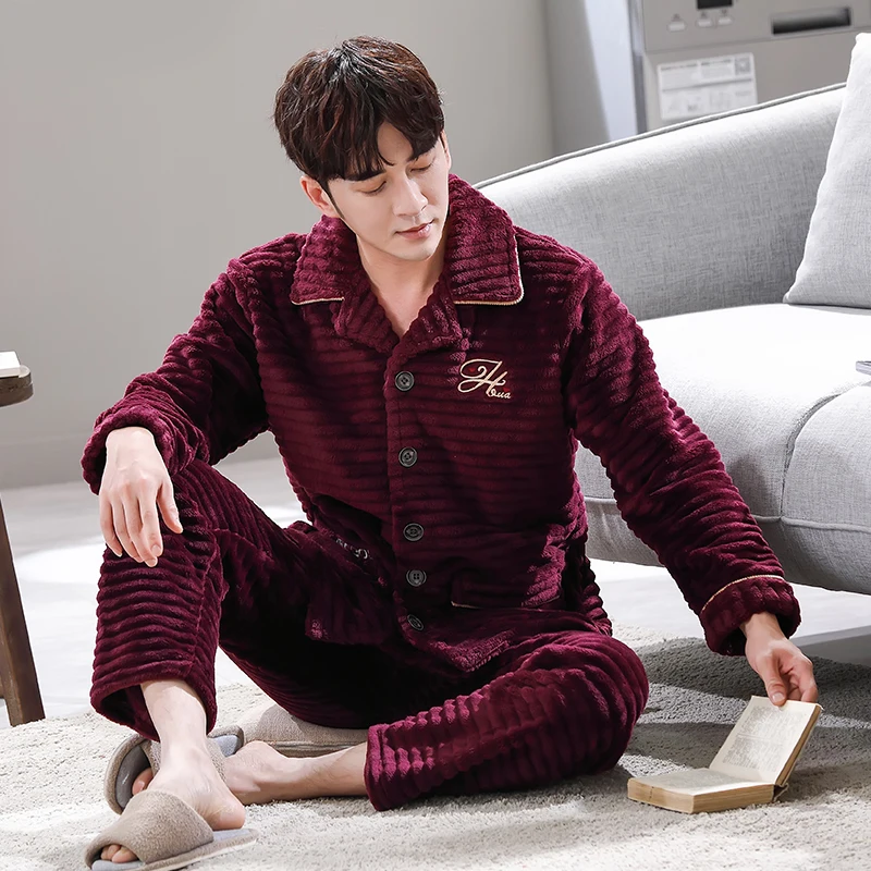 겨울 잠옷 남성용 두꺼운 산호 양털 잠옷 세트 따뜻한 잠옷 플란넬 남성용 잠옷 세트 캐주얼 홈웨어 피자마 L-3XL