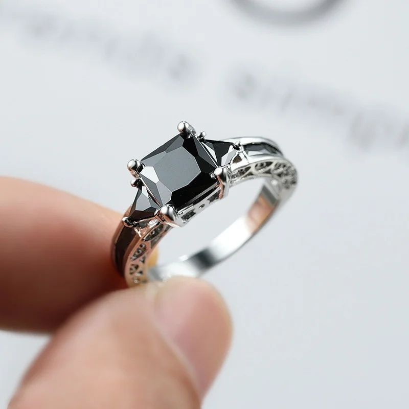 Silver Ring Delicate Trendy for Women Elegant Princess Cut Inlaid Black Zircon Stones Wedding Engagement Jewelry
