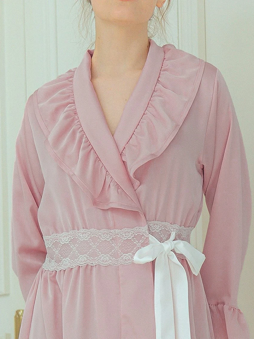 Marthaqiqiq Elegant Female Nightgowns Sexy V-Neck Sleepwear Long Sleeve Robe Lace Up Bathrobe Mid-Calf Dress Home Clothes Women