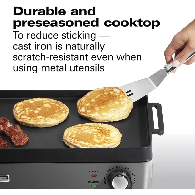 Hamilton Beach Professional Cast Iron Indoor Electric Grill & Griddle,10"x16" Preseasoned Cooking Surface,Adjustable Temperature 4