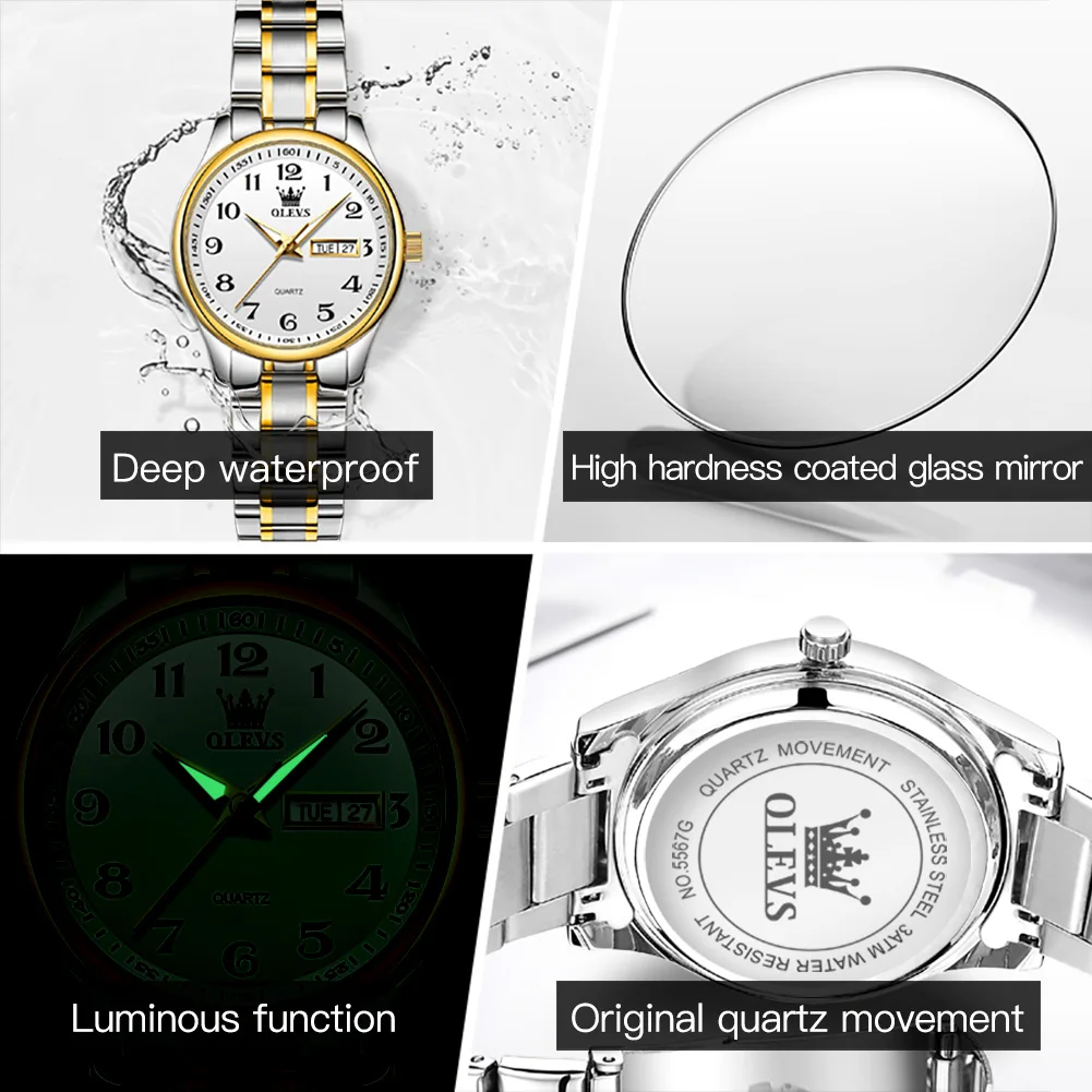 OLEVS Quartz Watch for Women Stainless Steel Waterproof Luminous Calendar Dial Fashion Elegant Women's Wristwatch Gift Set Reloj