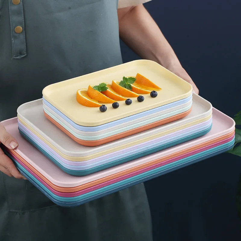 High Aesthetic Wheat Straw Plastic Tray Square Shape INS Style Home Use Fruit Tray Water Absorbent Main Course Dishwar