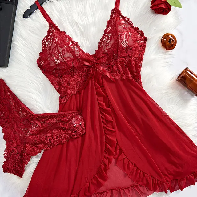 Set da 2 pezzi Set di lingerie sexy da donna Abito sottoveste a V profondo Perizoma Reggiseno erotico Set di slip Camicia da notte in pizzo Camicia da notte morbida trasparente 5