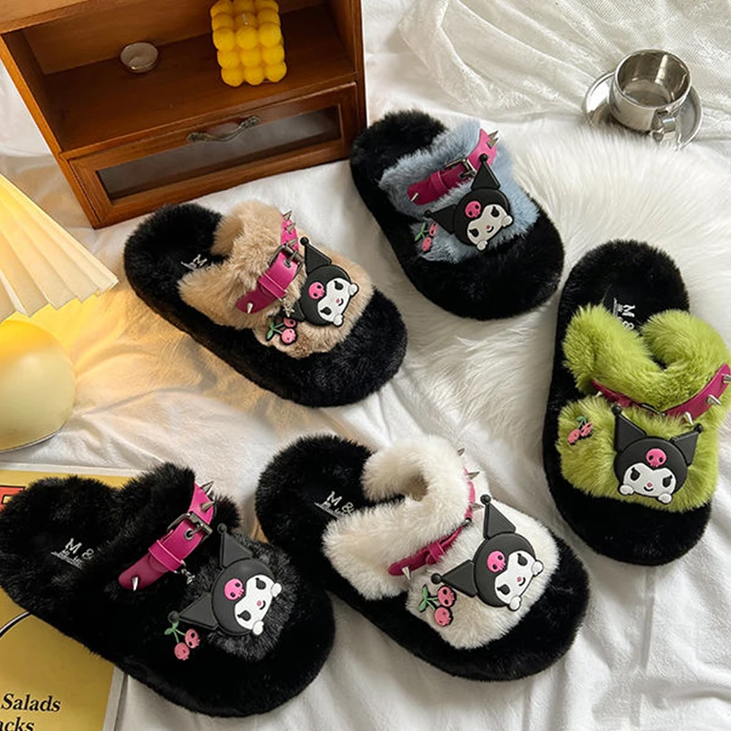

Kawaii Sanrio Kuromi Fuzzy Slippers Belt Rivet One-word Plush Slipper New Winter Soft Thick Bottom Slides Outdoor Halloween Gift