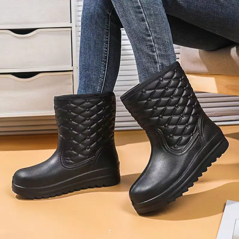 2023 Women's Winter High Top Cover Foot  Plush Warm Rain Shoes Thick Sole Non Slip Waterproof Cotton Boots Water Shoes Work Shoe