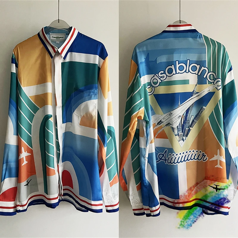 

Aircraft Skyscraper Printing Casablanca Shirt Men Women High Quality Hawaii Beach Summer Silk Shirts