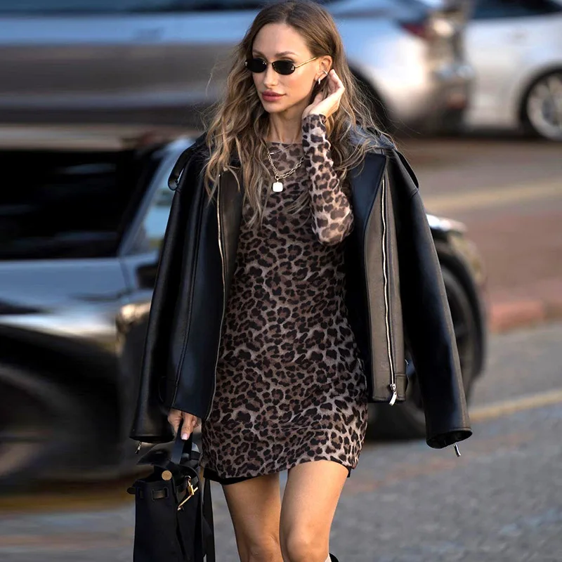 JULISSA MO Conjunto de dos piezas con estampado de leopardo para mujer, vestido sexy transparente de manga larga, vestido femenino de otoño ajustado, elegante, para fiesta y club.