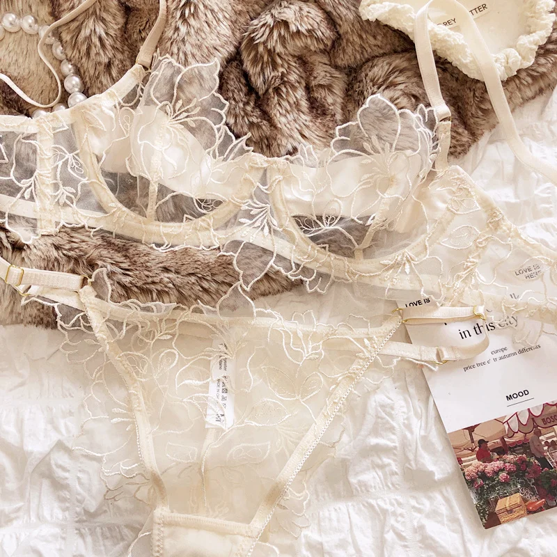 French Underwear Set Sexy Lace Flowers Embroidery Bra Set Women Intimates Summer Ultra Thin Breathable Bralette Lingerie Panties