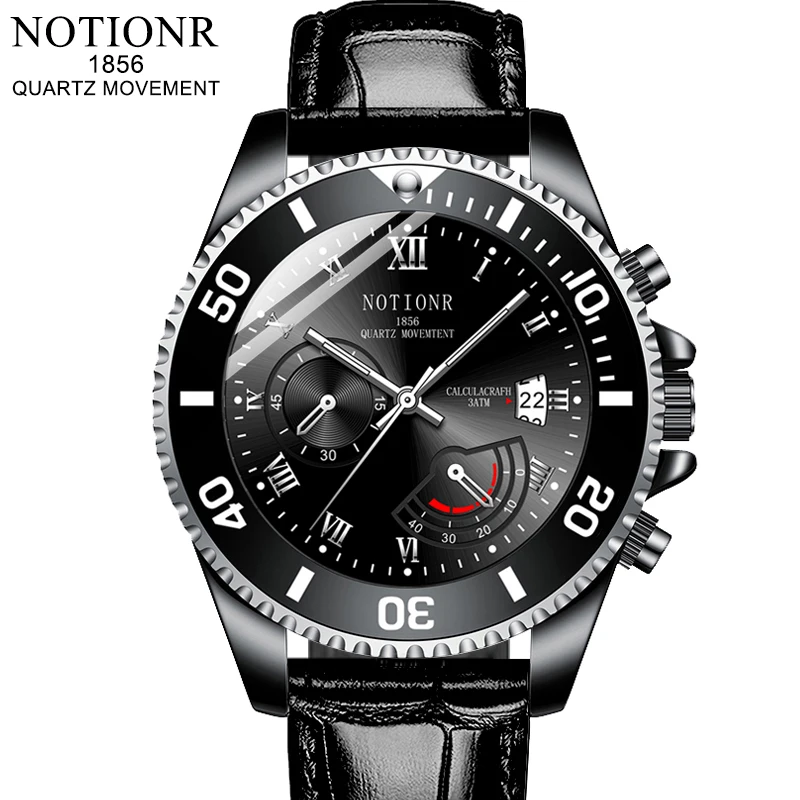 NOTIONR Fashion Mens Black Watches for Men Calendar Quartz Wrist Watch Luxury Man Business Leather Watch relogio masculino