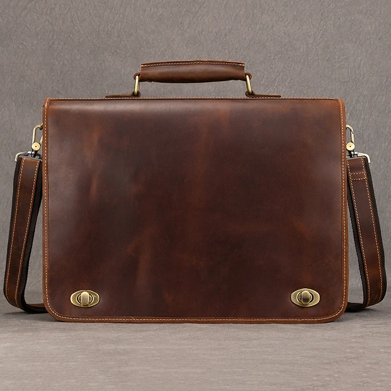Top Grade Thick Genuine Leather Men Briefcase 15" Laptop Cow Leather Business Bag Tote Man Briefcase With Shoulder Strap 2