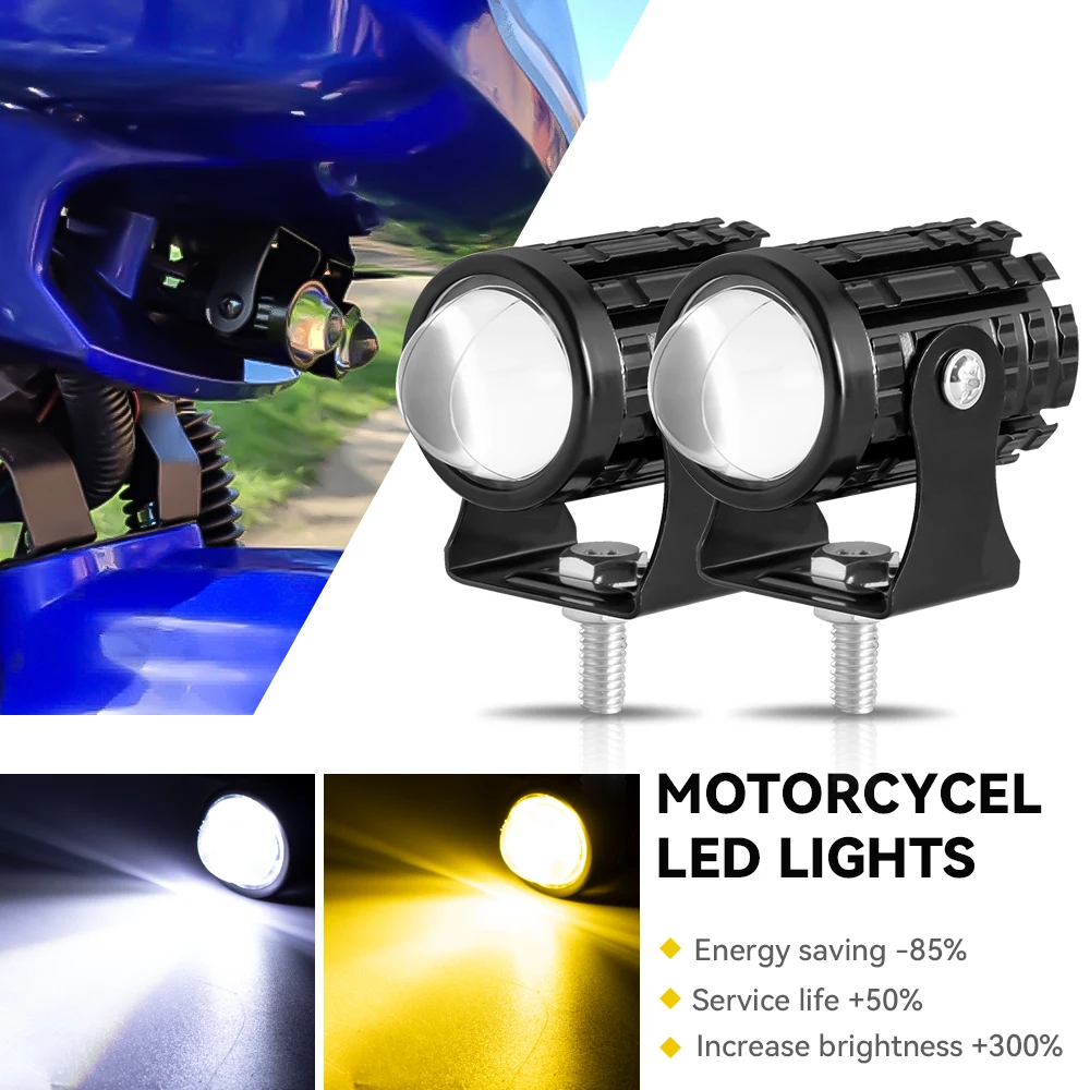 Motorcycle LED Headlights Auxiliary Spotlights Mini Projector Fog Light Front Driving Lamp Universal Dual Color Moto Accessories