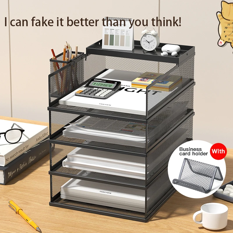 Desktop vertical multi-layer file storage rack, metal mesh file storage basket, suitable for office and home school