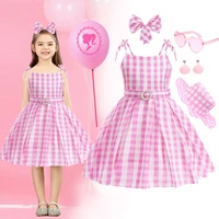 Pink Plaid Dress Kids Girl Movies Barbi Costume 2PCS Dress+Bow Clip Girls Princess Birthday Carnival Party Gowns Casual Outffits