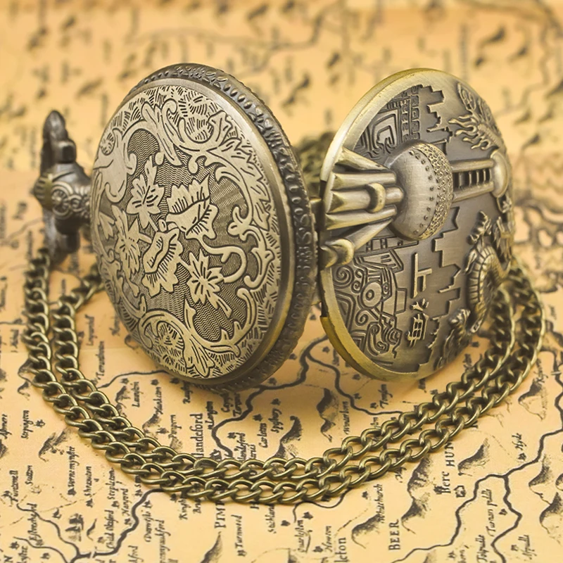 빈티지 청동 Steampunk 상하이 명소 새겨진 석영 주머니 시계 목걸이 펜던트 시계 체인 남성 여성 체인 선물
