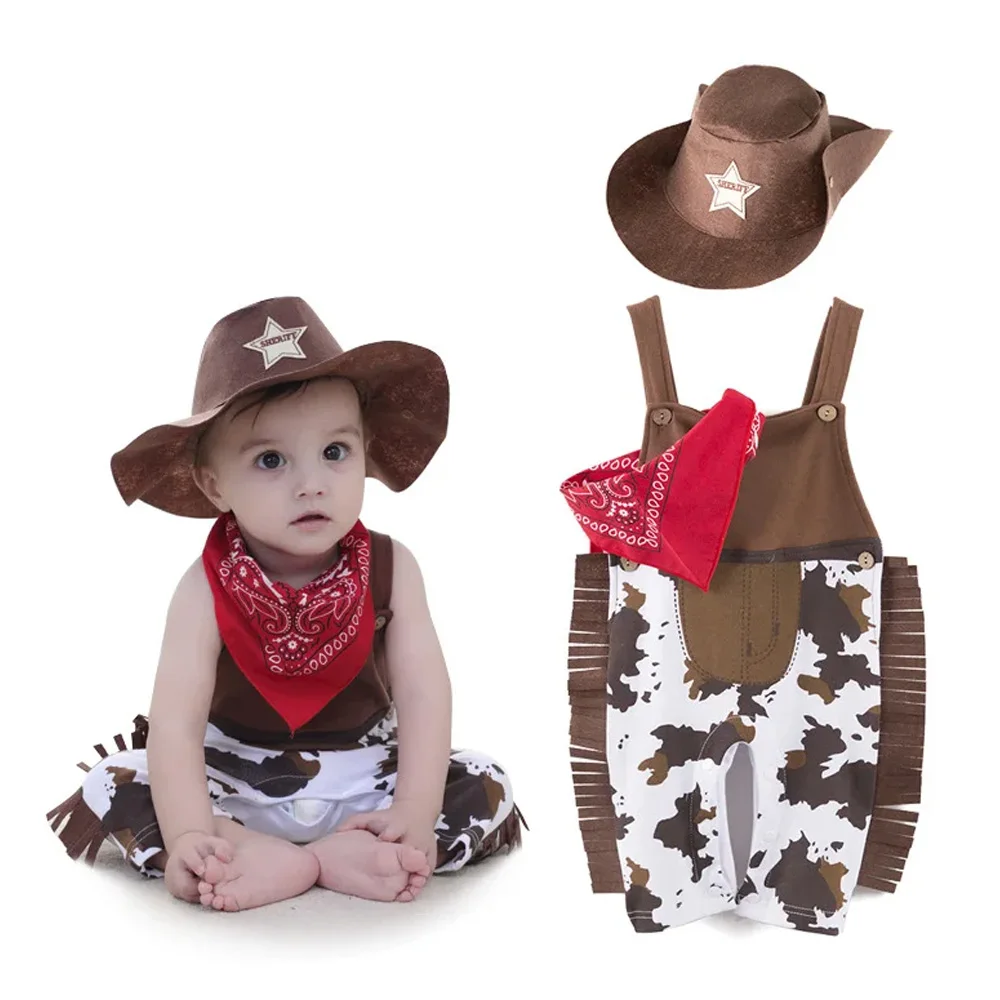 Boys Jumpsuits Sets Anime Kid Carnival Cowboy Hat Scarf 3Pcs Outfits Baby Children Western Cowboy Cute Boys Party Birthday gift
