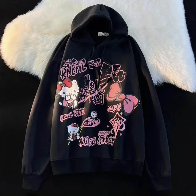 Sanrio Hello Kitty New Print Tops Hooded Women Men Autumn Winter Aesthetic Loose Sweatshirts Y2k Cute Pullovers Fashion Clothes