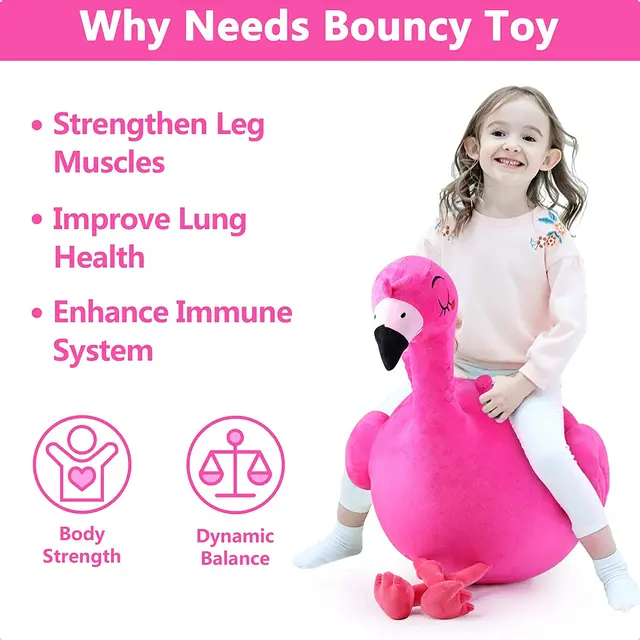 iPlay iLearn Ride on Plush Pink Flamingo Hopper Ball Inflatable Bouncing Animal Outdoor Indoor Active Jumping Toys for Kids 2
